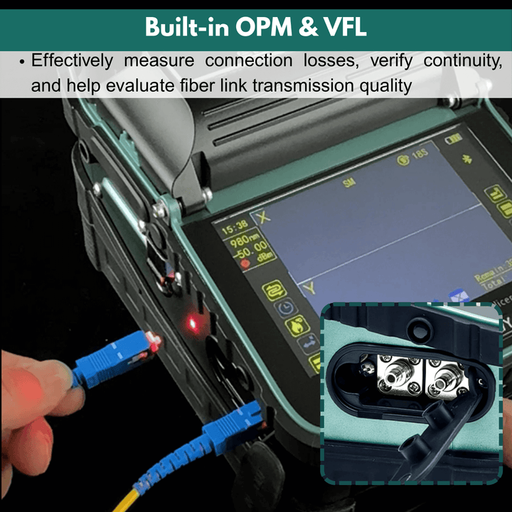 AI-6A+ Fiber optic fusion splicer  with built-in OPM & VFL, measuring connection losses and verifying continuity.