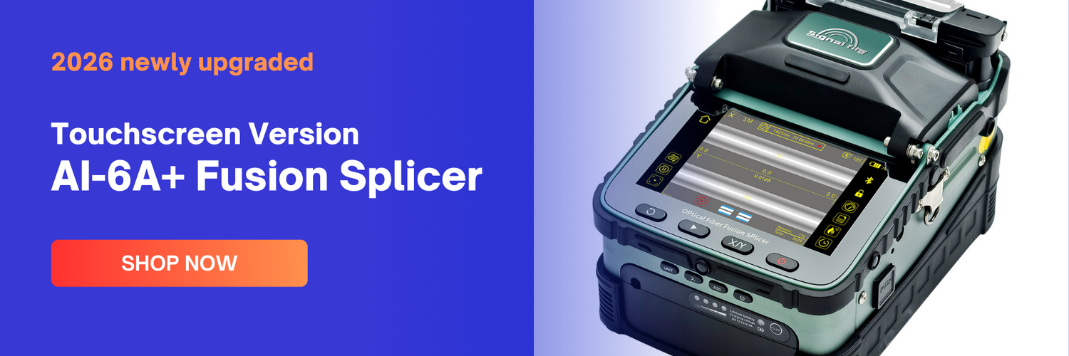 Touchscreen version AI-6A+ Fusion Splicer with promotional text on a blue background