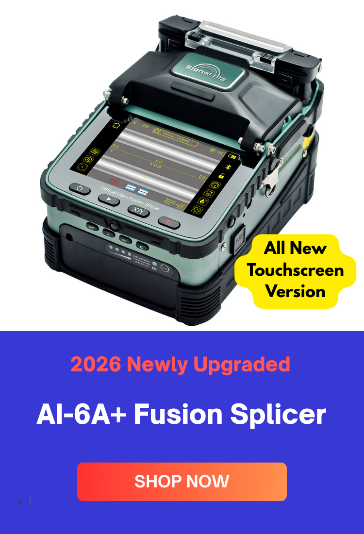 AI-6A+ Fiber optic fusion splicer with touchscreen on a blue background